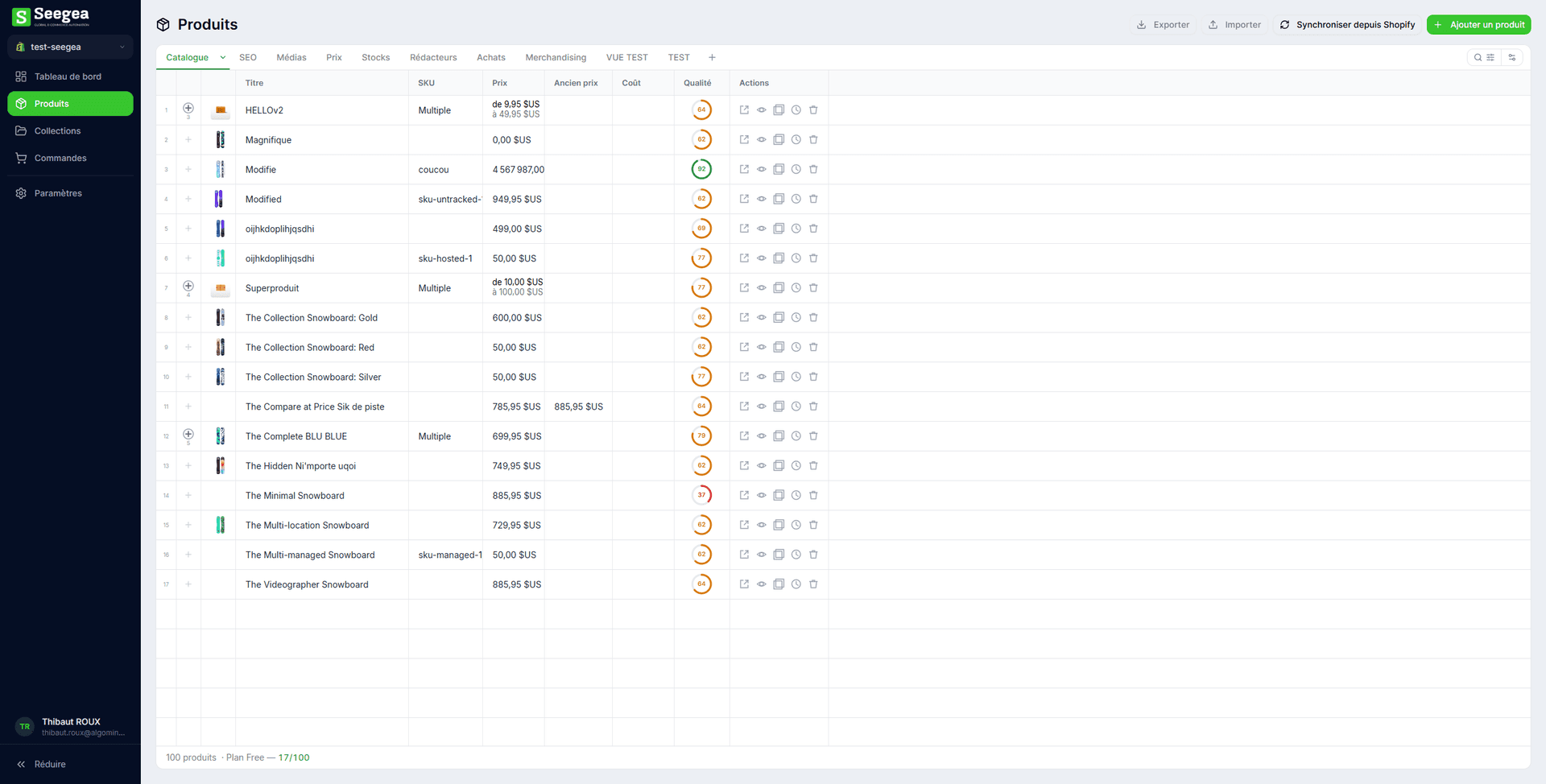 Grille produits — Éditez titres, prix, stocks, descriptions et SEO dans une interface tabulaire intuitive.